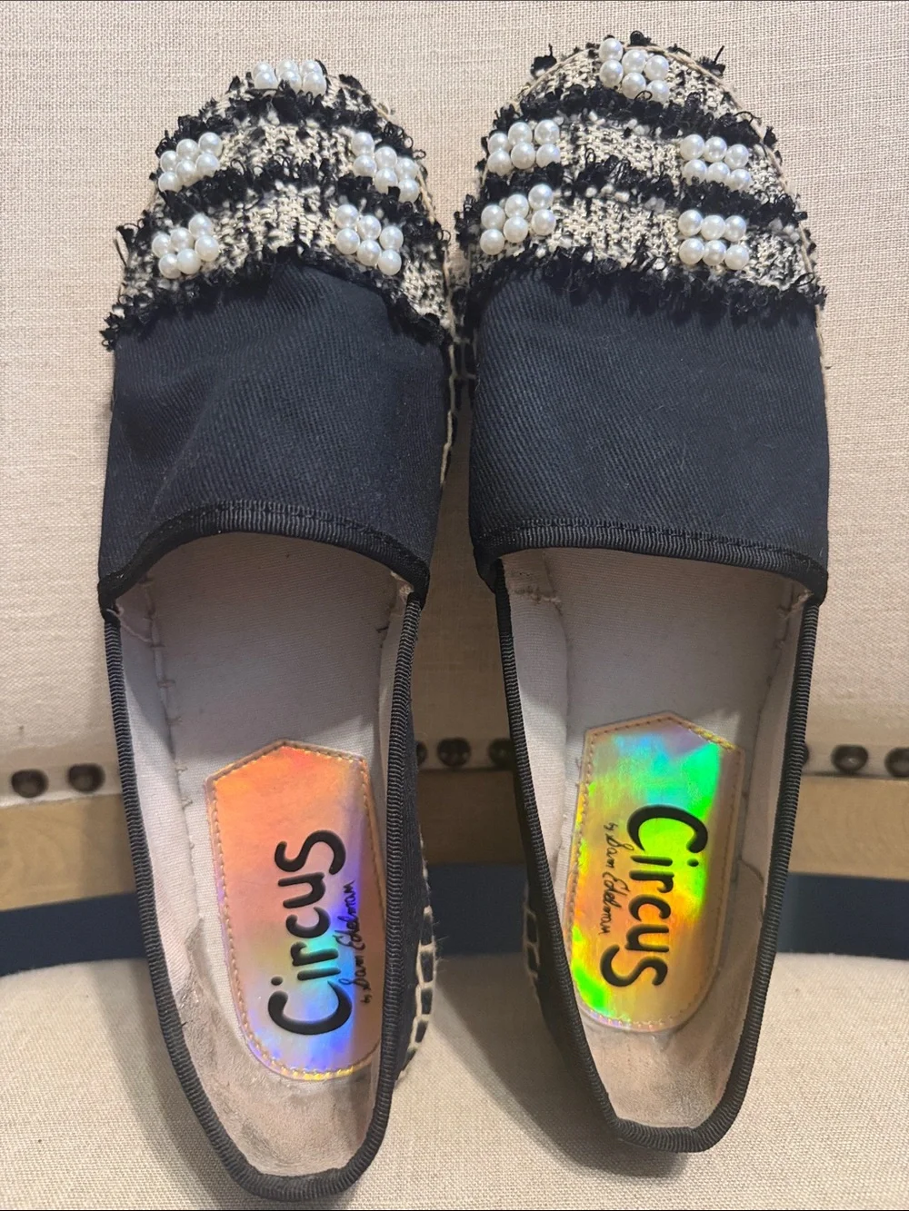 Circus by Sam Edelman Black and Cream Tweed Embellished Espadrille Flats Size 9